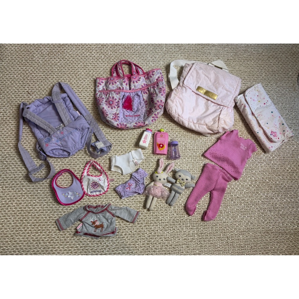 American Girl Bitty Baby Doll Accessory Lot Carrier Diaper Bag Clothes Plush Toy